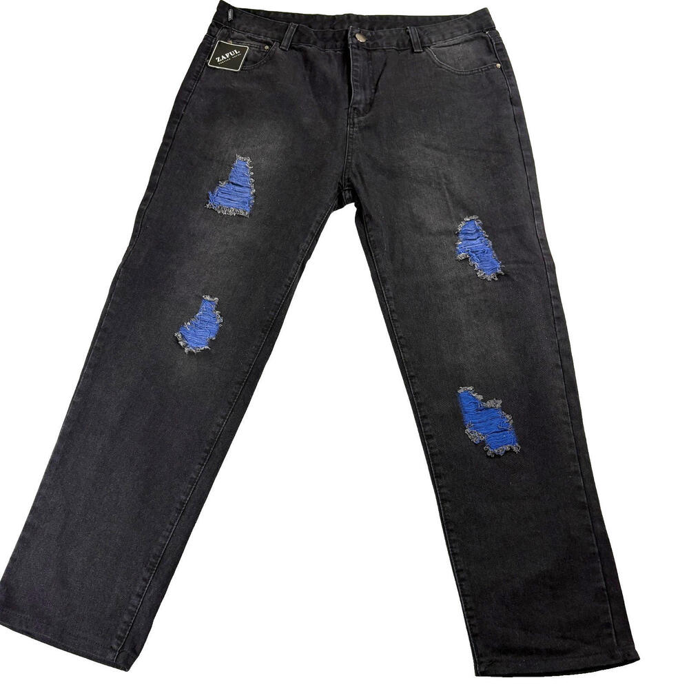 Mens Black Distressed Jeans Size 38 Straight Leg Grunge Streetwear NWT Denim Raw